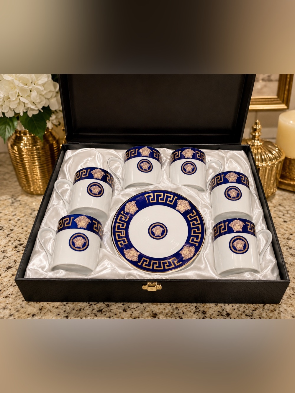 Luxury Blue & Gold Espresso Cup Set – Medusa Greek Key Design